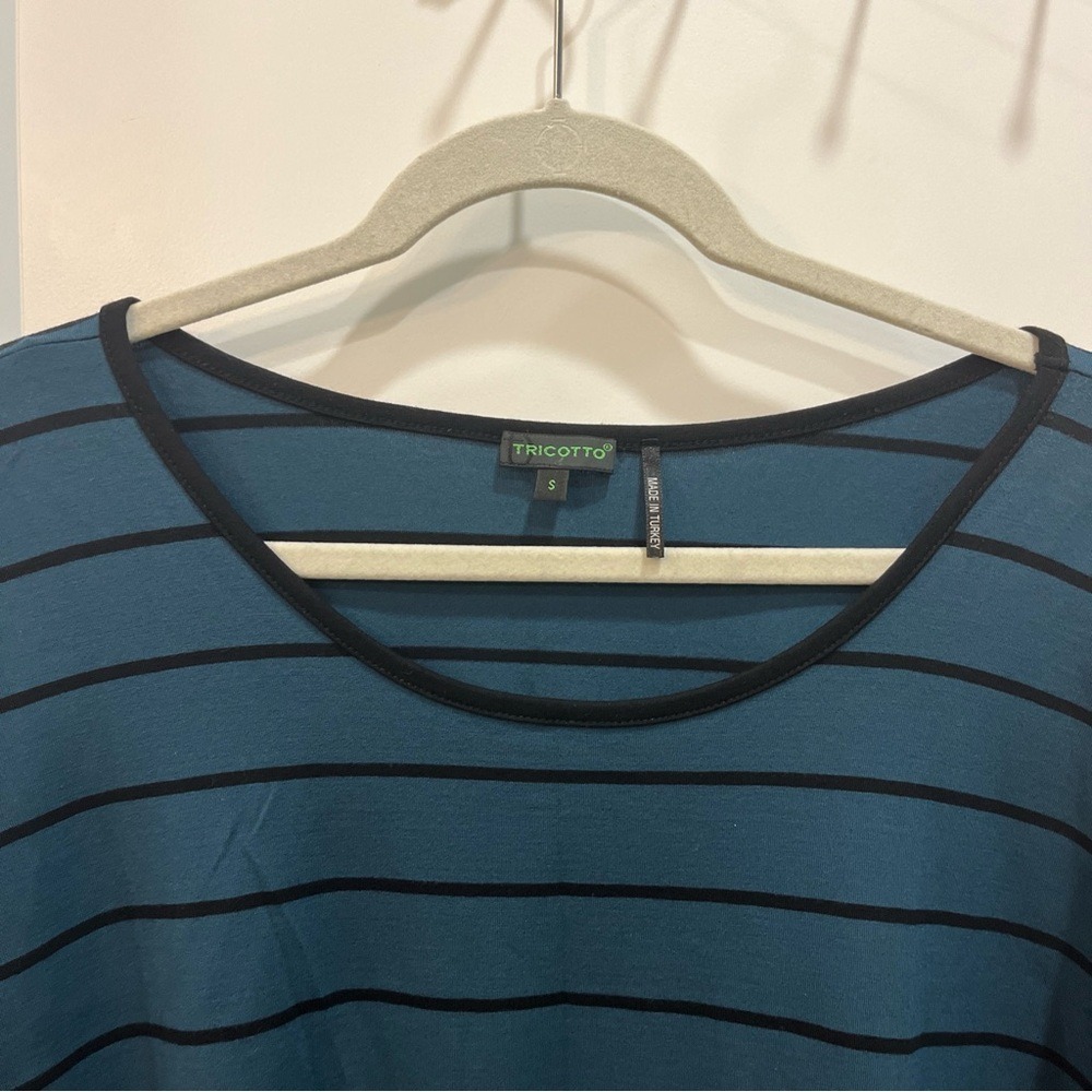 Tricotto Teal Blue Black Stripe Scoop Neck Drop Shoulder Boxy Top Women's Size S - Picture 3 of 10